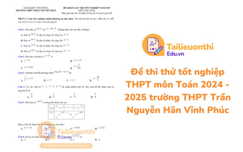 Đề thi thử tốt nghiệp THPT môn Toán 2024 - 2025 trường THPT Trần Nguyễn Hãn Vĩnh Phúc